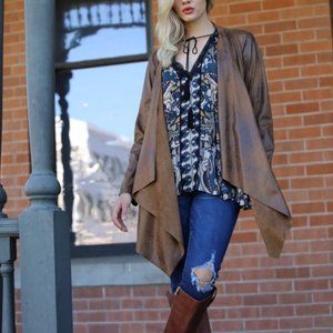 LONG SLEEVE OPEN FRONT FAUX SUEDE JACKET